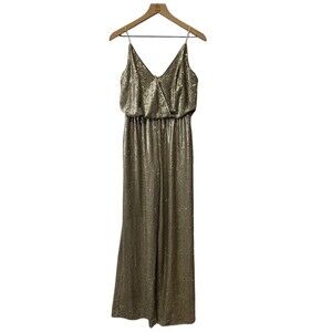 Aidan Mattox Silver Sequin Silk V-neck Wide Leg Jumpsuit Fully Lined Size 2